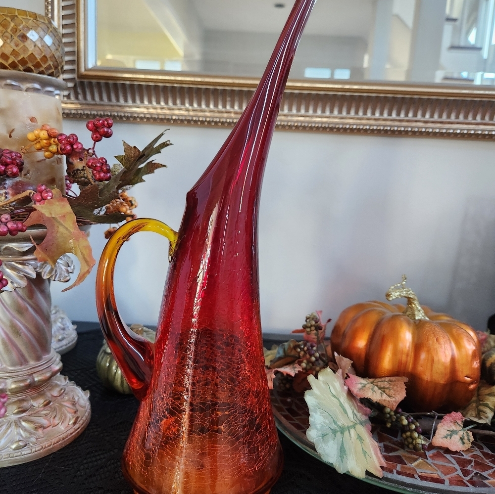Vintage Kanawa Red and Orange Crackle Stretch Glass Pitcher Vase, 14" Tall